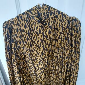 Zara NWOT- Elegant Dark Brown and Gold Patterned Midi Dress- Sz L